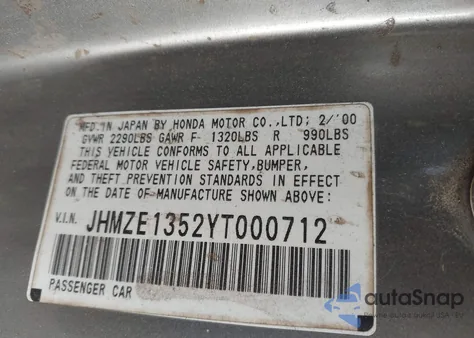 2000 Honda Insight z USA, uszkodzony, nr VIN JHMZE1352YT000712